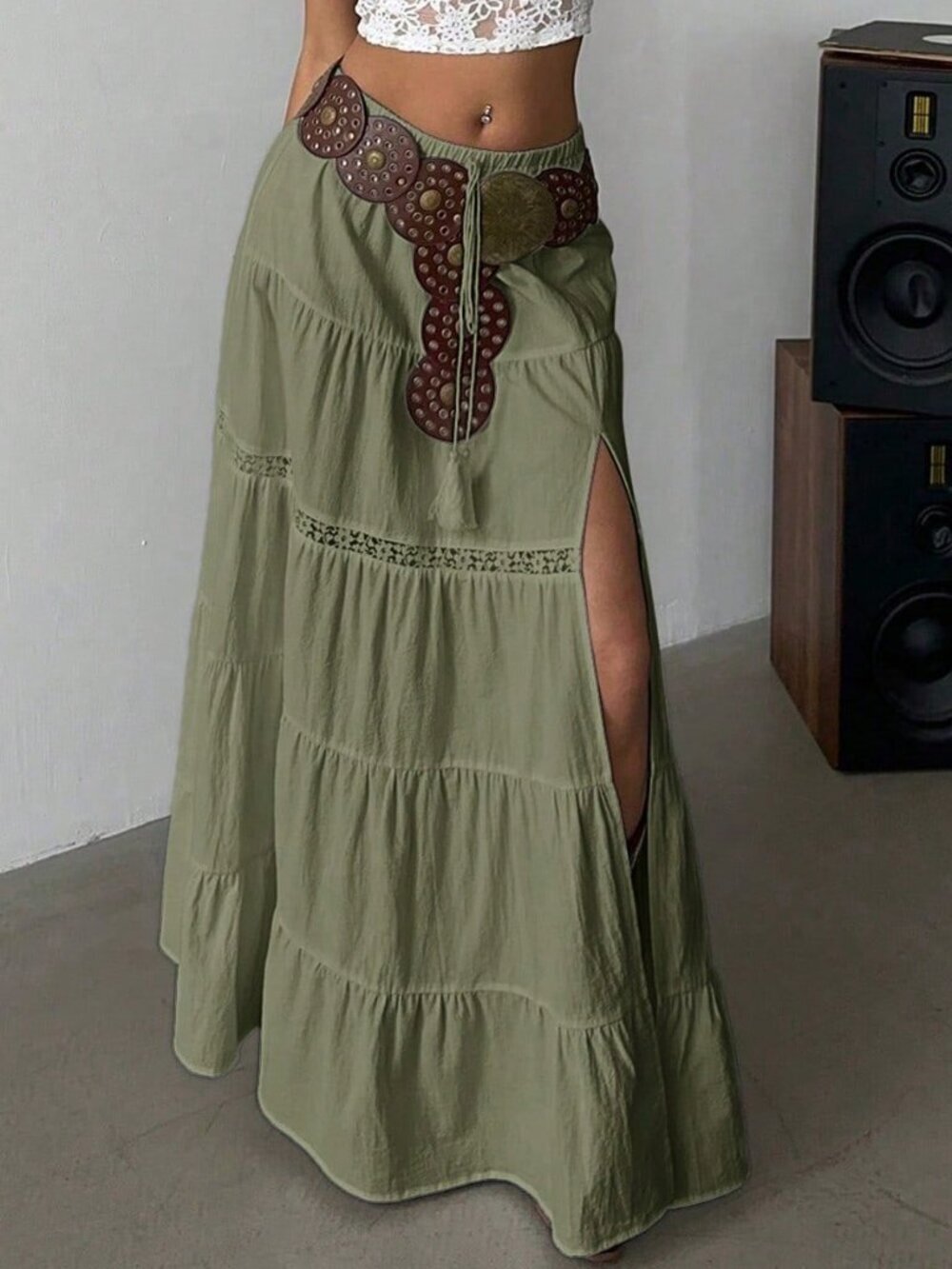 Army Green Boho Women's High-Slit Tiered Maxi Beach Skirt
